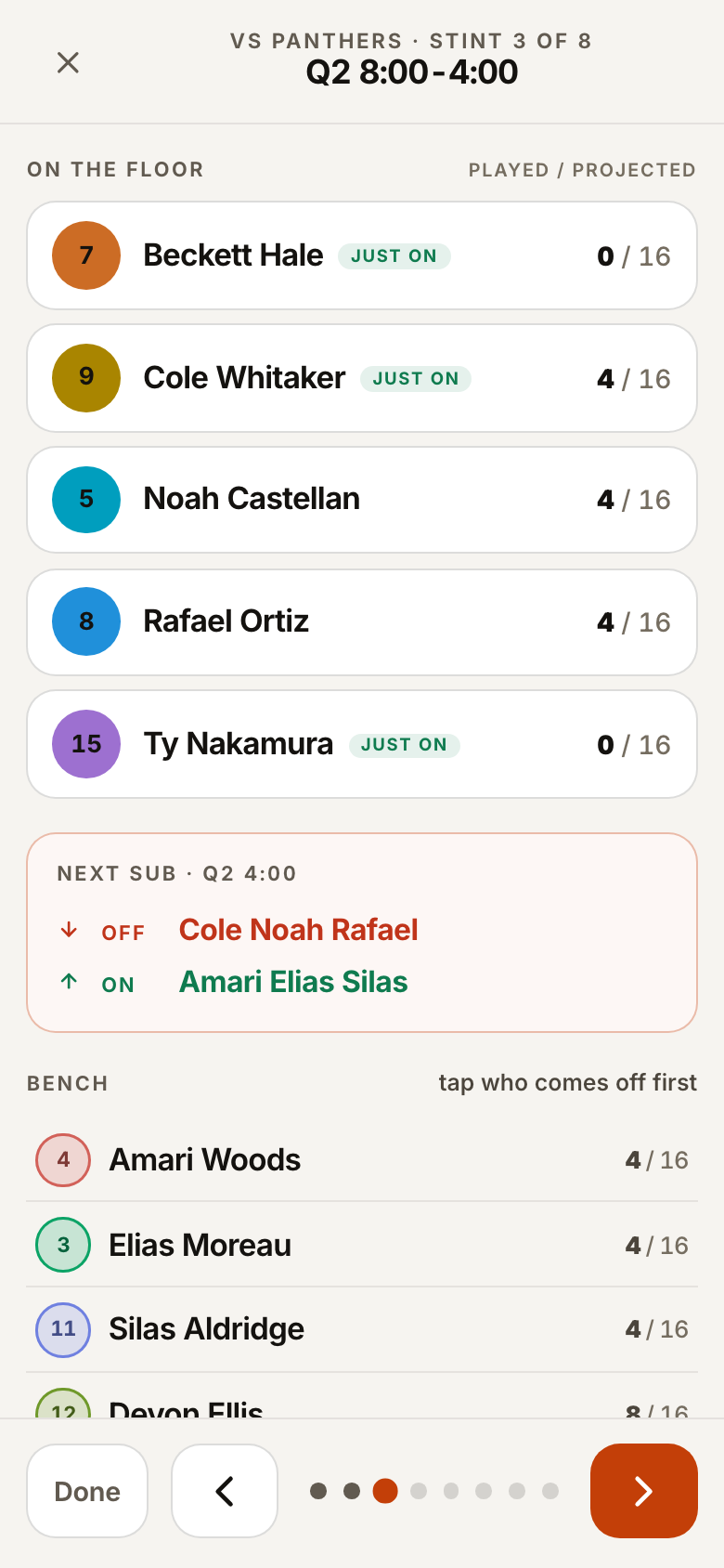 Bench mode on a phone during the third stint of the second quarter. Five players are listed on the floor with their jersey colors, minutes played and projected, and the three who just came on are tagged. Below them a panel reads NEXT SUB, Q2 4:00, with three names coming off and three going on, then the bench, then large buttons to step through the game.